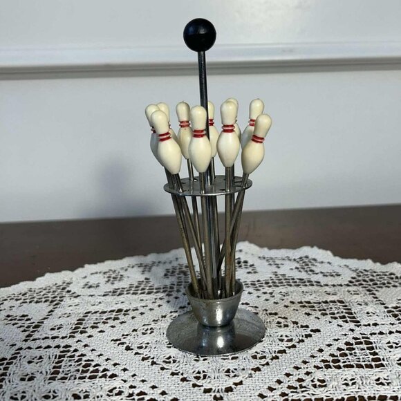 Vintage bowling pin cocktail picks with stand - Picture 1 of 9